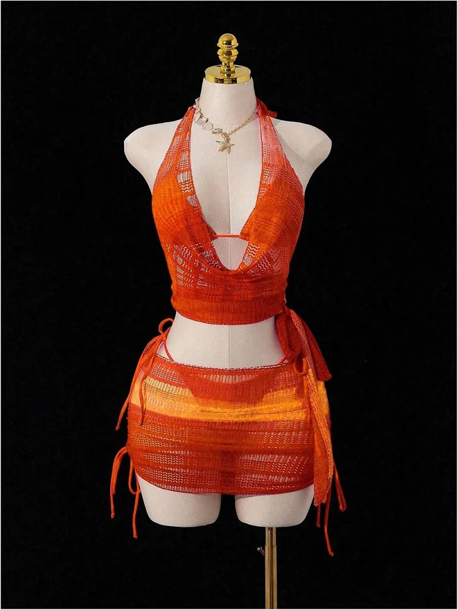 4 Piece Crochet Swimsuits Halter Bikini Set with Cover Ups by OYOANGLE, photograph 3 of 4
