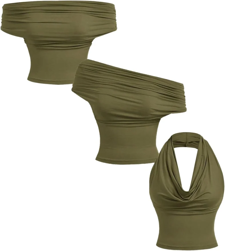 Cowl Neck Ruched Halter Tank Top Off The Shoulder Tops by OYOANGLE