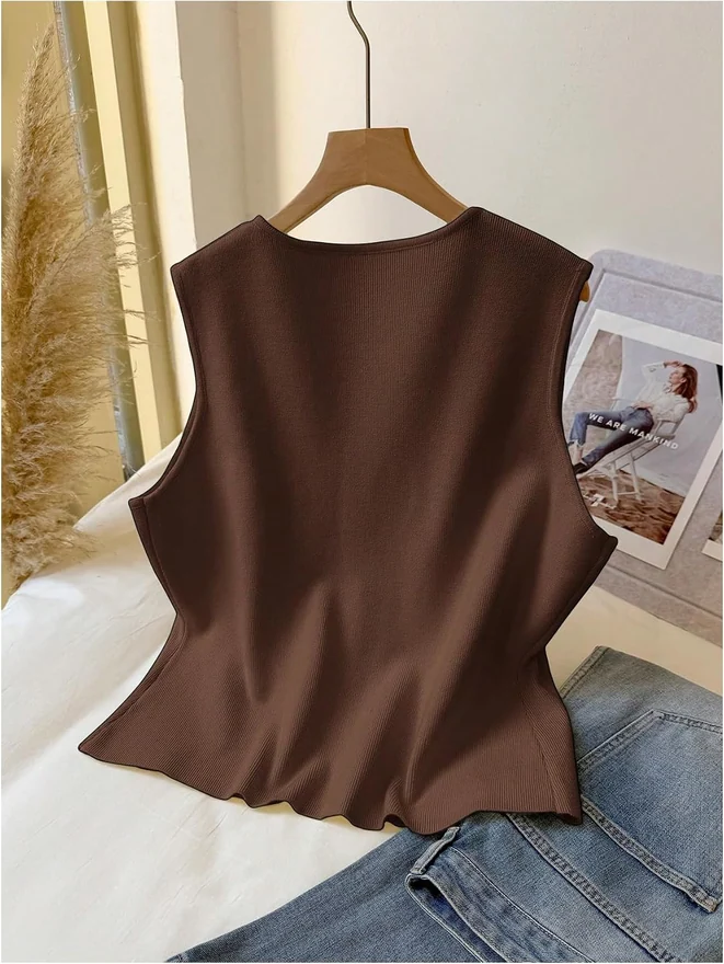 Plus Size Sweater Vest Button Up V Neck Sleeveless Sweater Tops by OYOANGLE, photograph 2 of 4