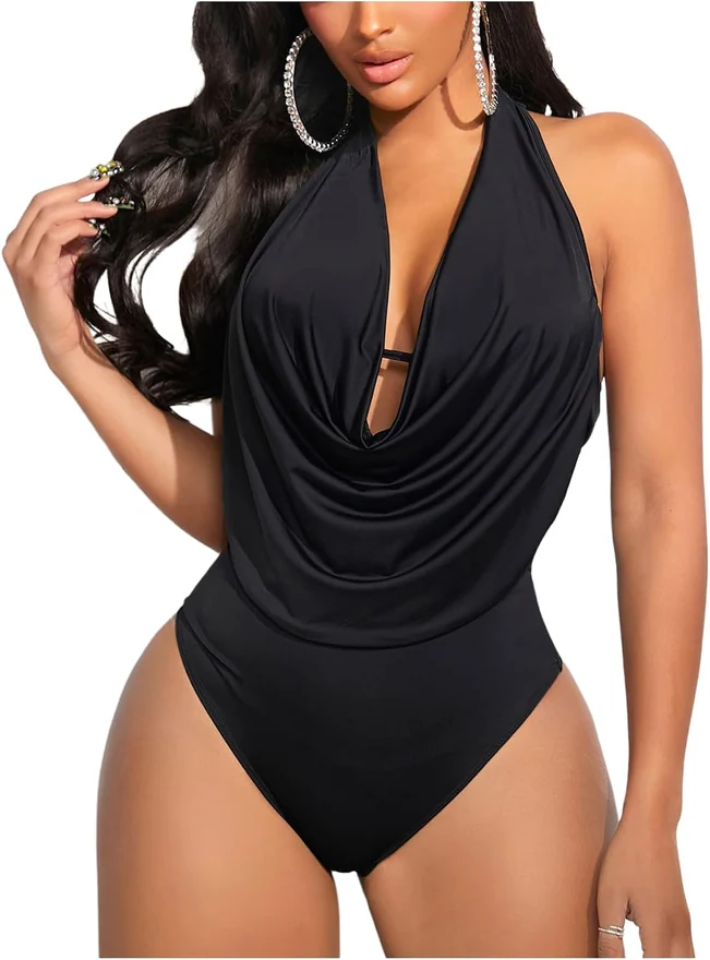 Draped Halter Bodysuits Backless Tank Top Bodysuit by OYOANGLE
