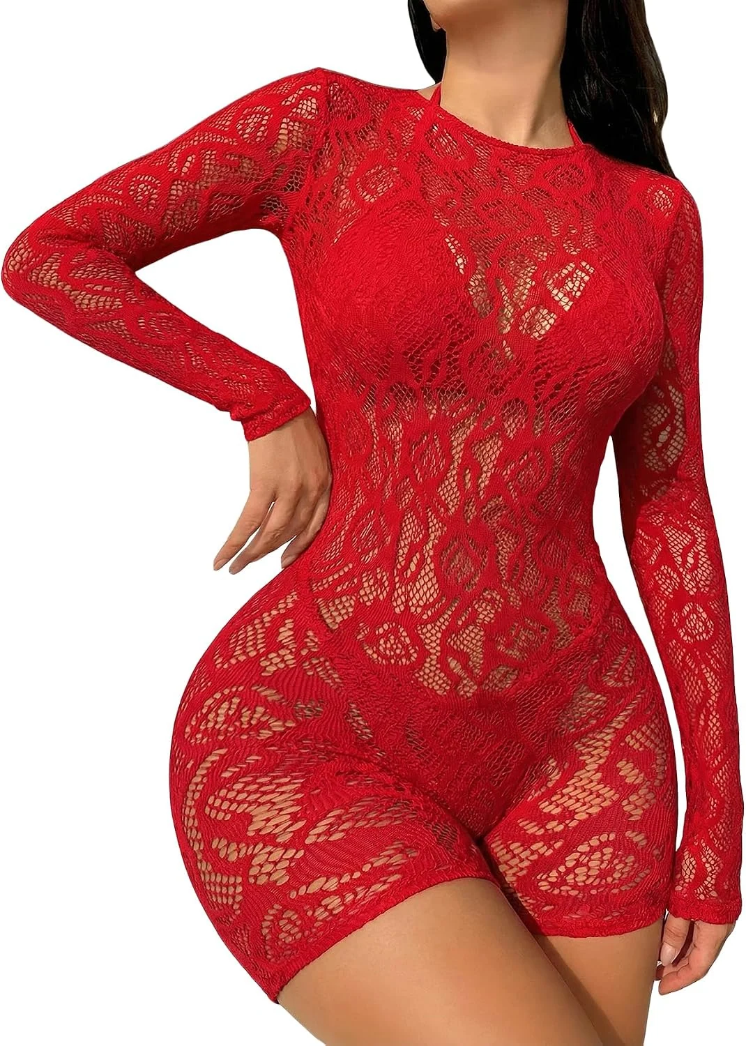 Floral Lace Sheer Mesh Hollow Out Bodysuit Romper Jumpsuit by OYOANGLE, photograph 1 of 4