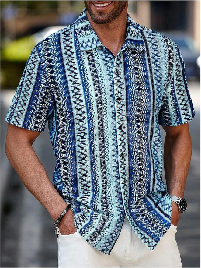 Textured Jacquard Button Down Shirts Tropical Beach Shirt by OYOANGLE, photograph 3 of 4
