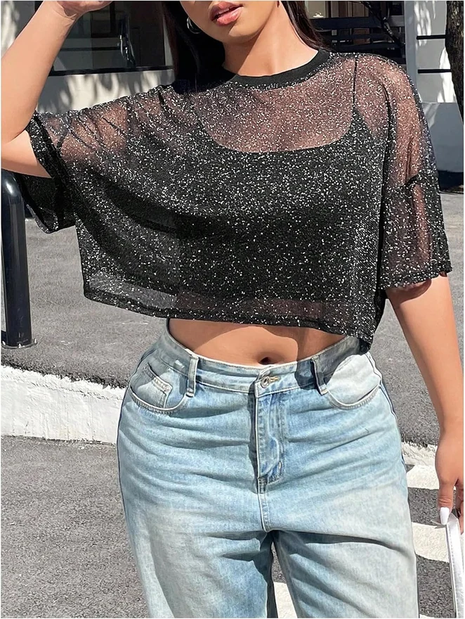 Plus Size Sparkly Glitter Tops Mesh Sheer Crop T Shirts by OYOANGLE, photograph 4 of 4