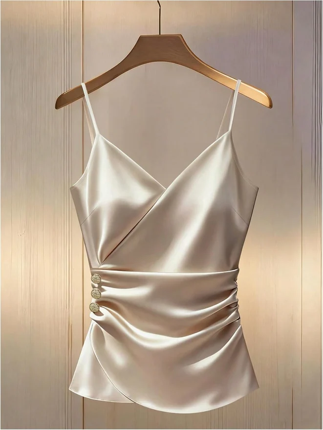 Silk Satin Wrap Tank Top Fitted Dressy Work Camisole Tops by OYOANGLE, photograph 2 of 2