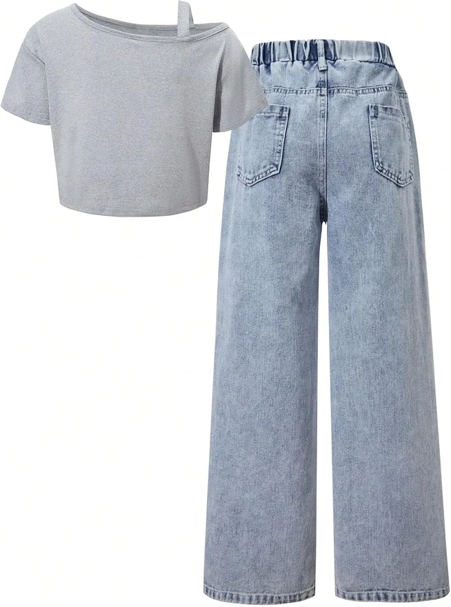 Girl's Cute Outifts Y2K 2 Pieces Graphi Tops and Jeans Clothes by OYOANGLE, photograph 2 of 4