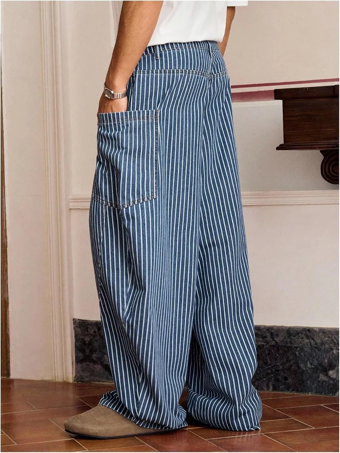 Striped Baggy Jeans Loose Wide Leg Y2K Denim Pants Blue by OYOANGLE