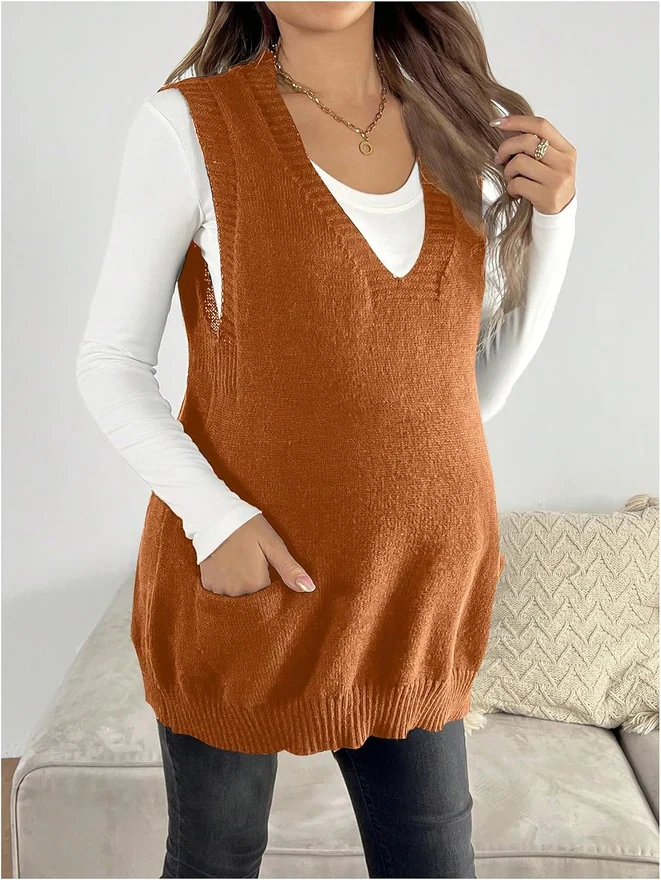 Maternity V Neck Sweater Vest Pregnancy Sleeveless Pullover by OYOANGLE, photograph 3 of 3