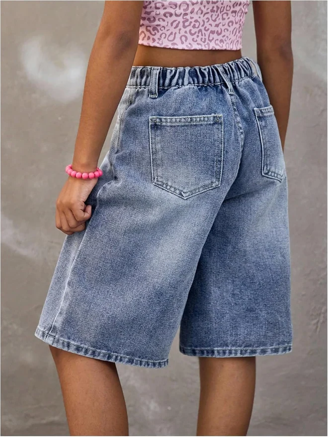 Girl's Baggy Jorts Elastic Waist Wide Leg Bermuda Denim Shorts by OYOANGLE