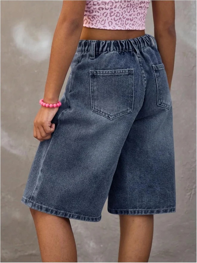 Girl's Baggy Jorts Elastic Waist Wide Leg Bermuda Denim Shorts by OYOANGLE, photograph 2 of 3