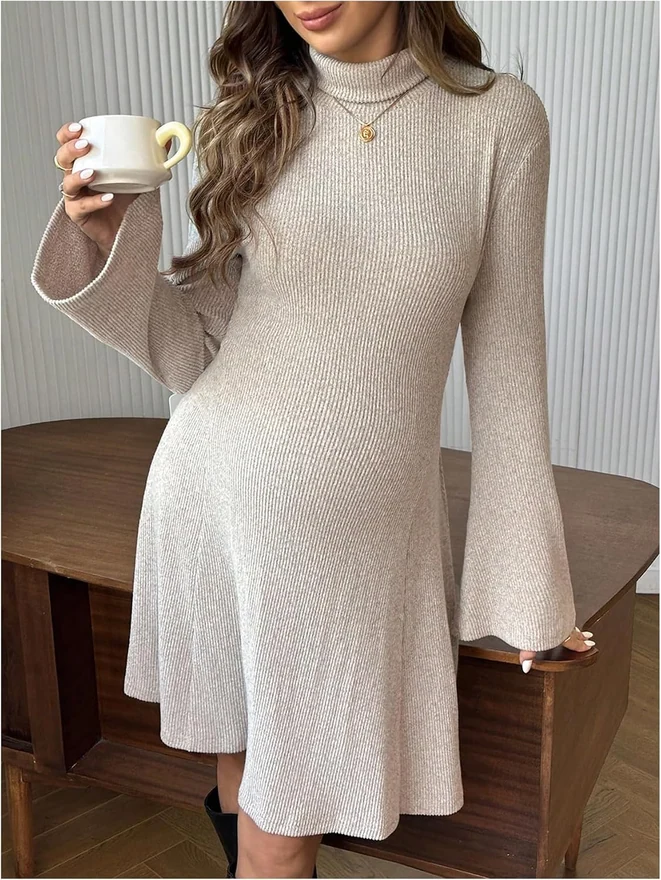 Maternity Turtleneck Bell Long Sleeve Sweater Dress Pregnancy by OYOANGLE, photograph 3 of 3