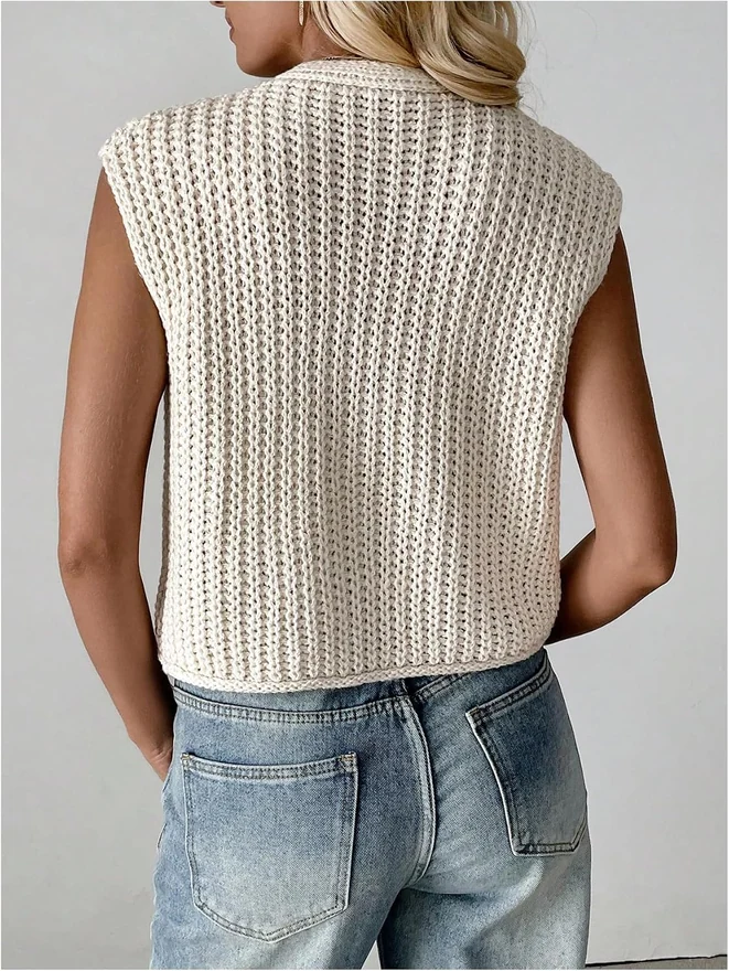 Button Up Chunky Sweater Vest Sleeveless V Neck Knitwear by OYOANGLE, photograph 4 of 4