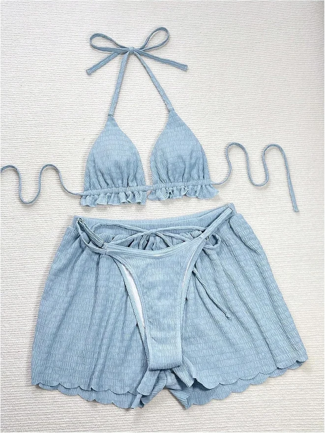 3 Piece Textured Bikini Set Ruffle Triangle Thong Swimsuit by OYOANGLE, photograph 4 of 4