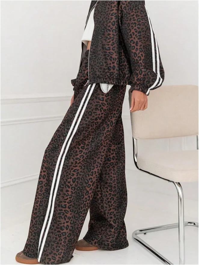 Y2k Leopard Wide Leg Track Pants Elastic Waist Side Striped by OYOANGLE, photograph 3 of 3