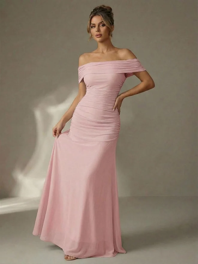 Off The Shoulder Maxi Dress Wedding Guest Dresses Pink by OYOANGLE, photograph 3 of 3
