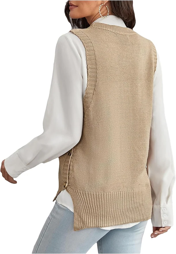 Button Side Sweater Vest Crew Neck Sleeveless Dressy Knitted by OYOANGLE, photograph 2 of 3