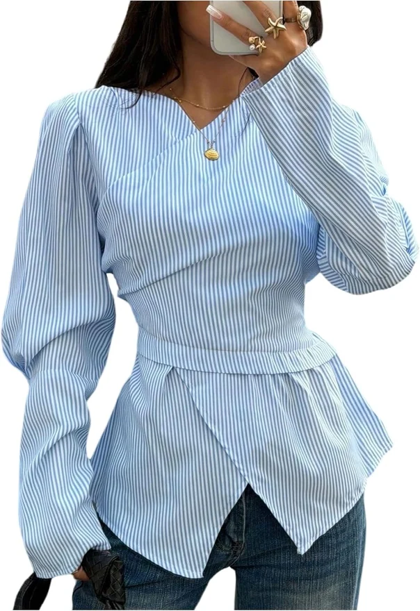 Cross Wrap Tie Back Long Sleeve Shirt Striped Dressy Blouse by OYOANGLE