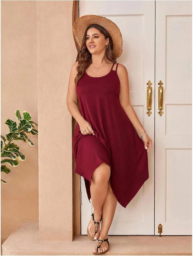 Plus Size Asymmetrical Hem Flowy Midi Cami Dress Burgundy by OYOANGLE, photograph 3 of 3