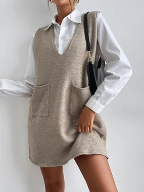 V Neck Sweater Vest Dress Sleeveless Fall Overall Dress in Khaki