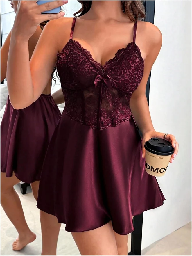 Floral Lace Satin Slip Dress Corset Mini Nightgowns Maroon by OYOANGLE, photograph 3 of 4