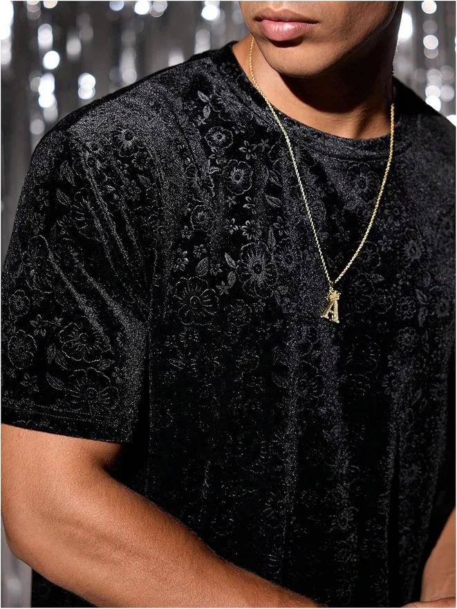 Velvet Crew Neck T Shirt Floral Sparkle Short Sleeve Shirt by OYOANGLE, photograph 3 of 4