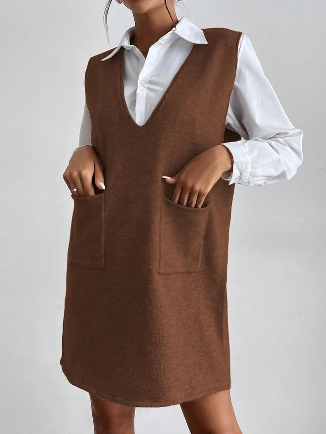 V Neck Sweater Vest Dress Sleeveless Fall Overall Dress by OYOANGLE, photograph 3 of 3