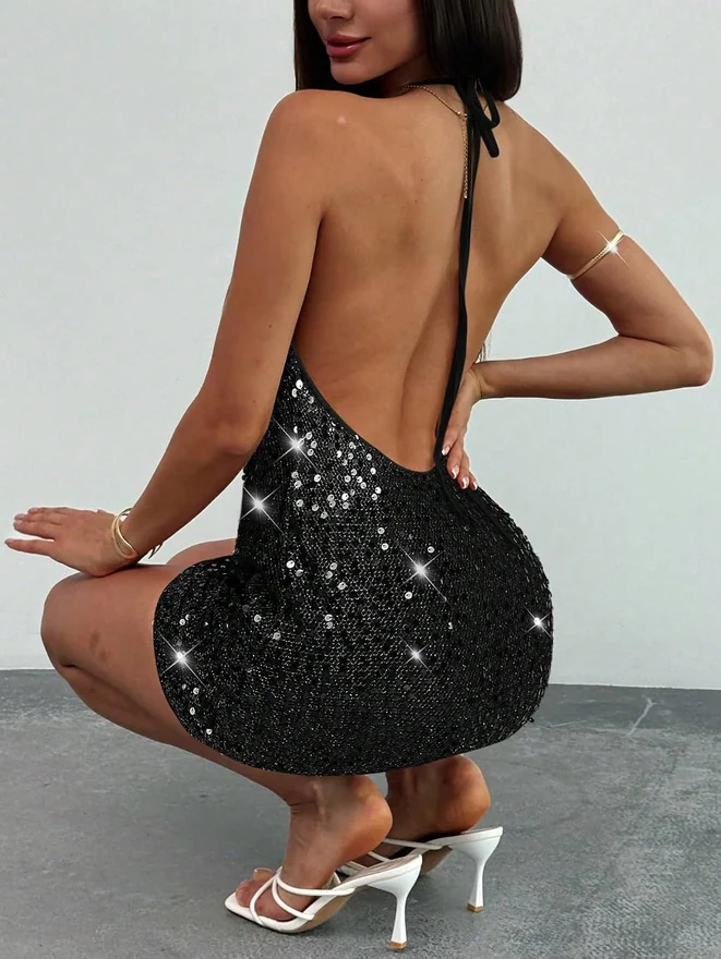 Sequin Sparkly Cami Halter Mini Cocktail Club Party Dress by OYOANGLE