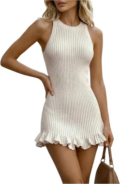 Ribbed Knit Mini Sweater Dress Y2k Ruffle Hem Tank Dresses in Beige