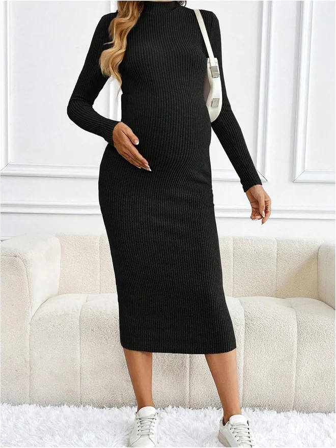 Maternity Mock Neck Knit Dress Warm Maxi Sweater Dresses by OYOANGLE, photograph 3 of 3