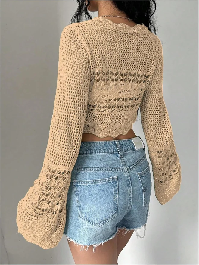 Crochet Tie Front Cardigan Sweater Bolero Shrug Khaki by OYOANGLE, photograph 3 of 3