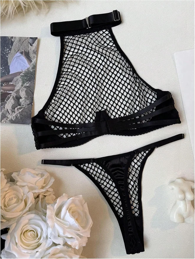 2 Piece Fishnet Lingerie Sheer Halter Bra and Panty Sets by OYOANGLE, photograph 4 of 4