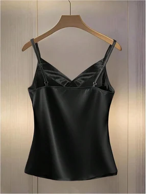 Silk Satin Wrap Tank Top Fitted Dressy Work Camisole Tops in Black