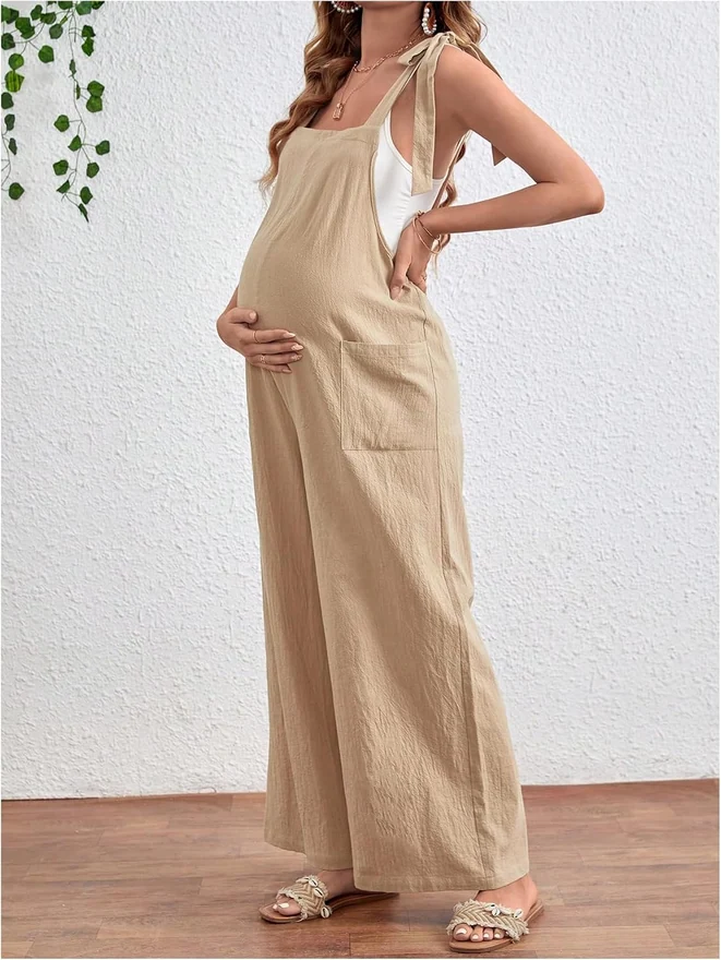 Maternity Overalls Jumpsuit Knot Shoulder Strap Sleeveless by OYOANGLE, photograph 2 of 3