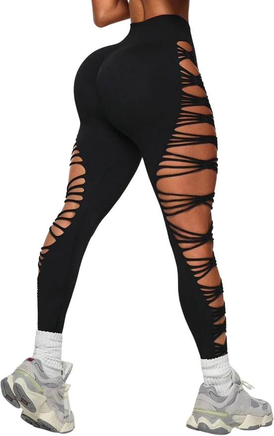 Y2k Ripped High Waist Seamless Leggings Black by OYOANGLE