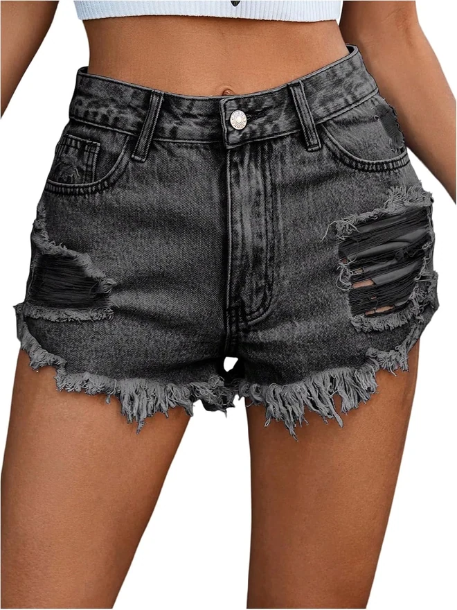 Ripped Denim Shorts Mid Rise Raw Hem Y2k Jean Shorts by OYOANGLE