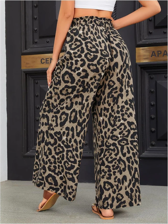 Leopard Print Elastic High Waist Wide Leg Pants by OYOANGLE