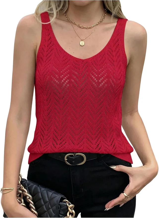 Crochet Knit Sweater Vest V Neck Sleeveless Lightweight Pullover by OYOANGLE