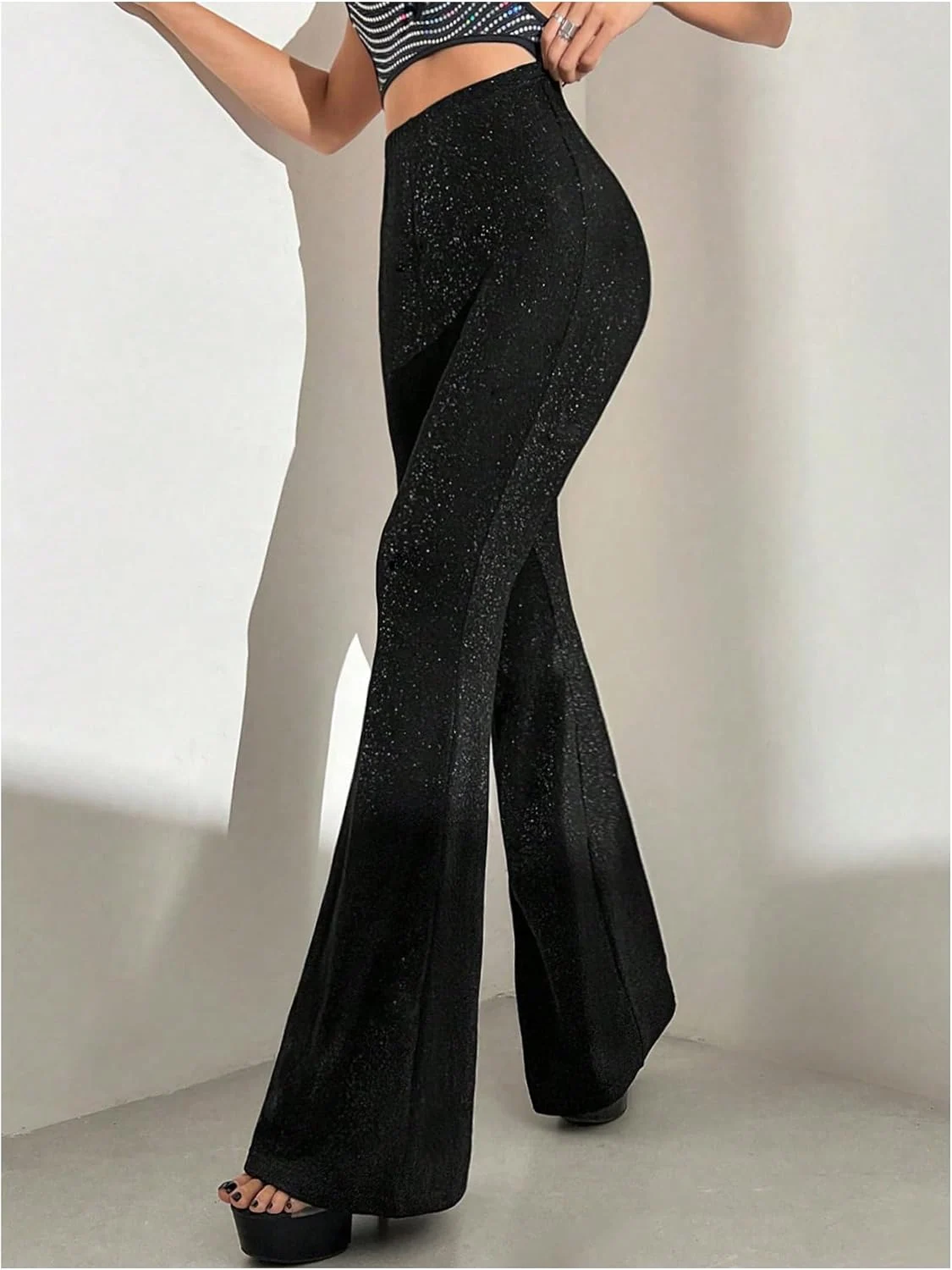 Glitter Flare Pants High Waisted Bell Bottom Sparkly Pants by OYOANGLE, photograph 1 of 3