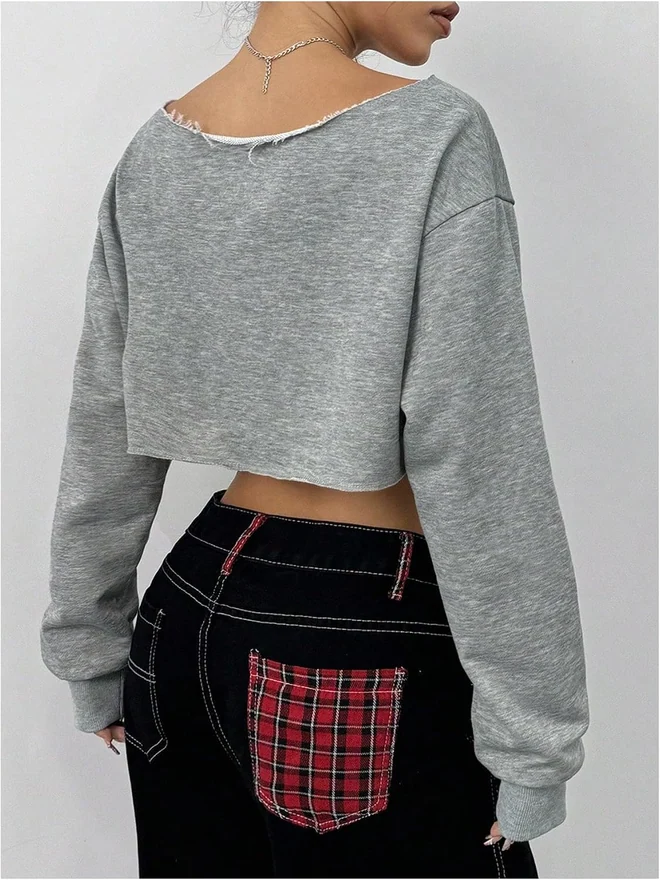 Off The Shoulder Top Y2K Crop Top Cropped Sweatshirt Grey by OYOANGLE, photograph 3 of 4