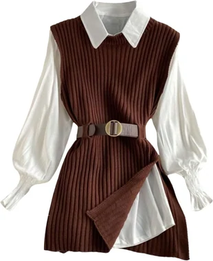 Split Hem Ribbed Knit Sweater Dress Short Dresses in Coffee Brown