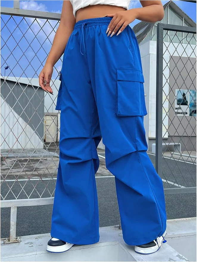 Plus Size Drawstring Waist Wide Leg Cargo Pants Blue by OYOANGLE, photograph 2 of 3