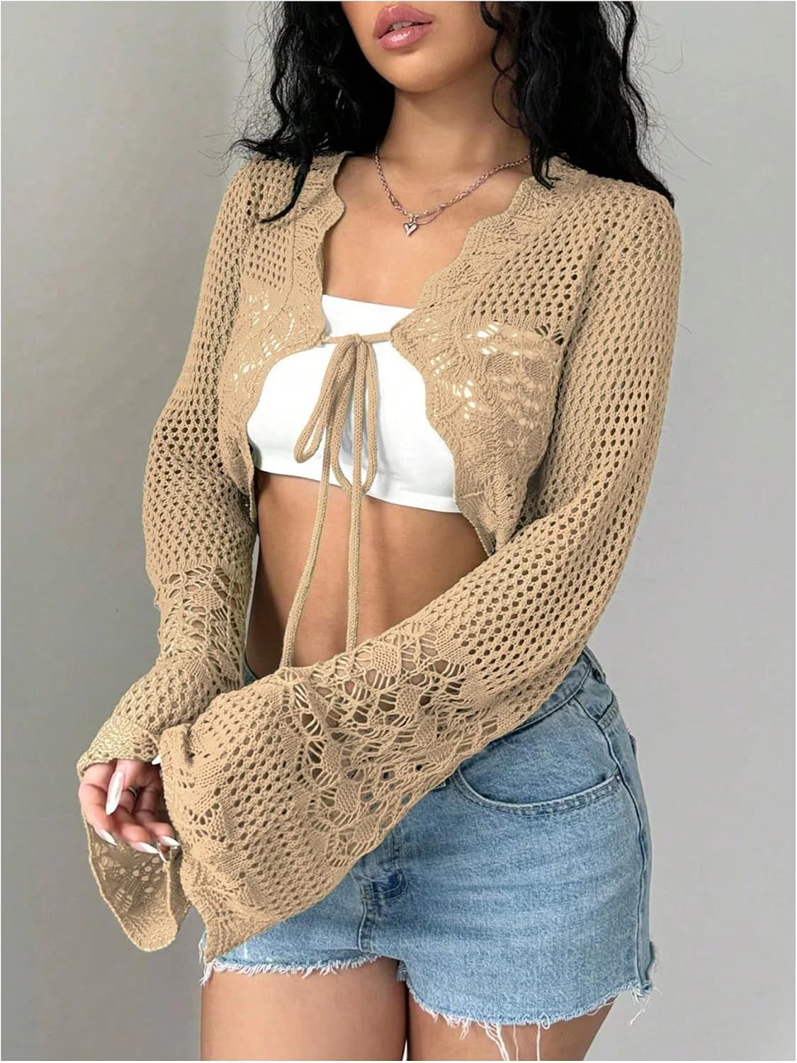 Crochet Tie Front Cardigan Sweater Bolero Shrug Khaki by OYOANGLE, photograph 1 of 3