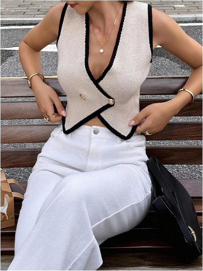 V Neck Button Up Sweater Vest Sleeveless Cropped Knit Tops by OYOANGLE, photograph 4 of 4