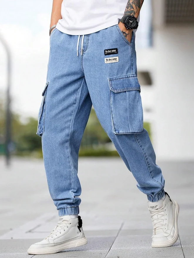Drawstring Waist Flap Pocket Jogger Cargo Pants Carrot Denim by OYOANGLE, photograph 2 of 3