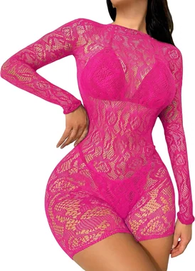 Floral Lace Sheer Mesh Hollow Out Bodysuit Romper Jumpsuit in Hot Pink