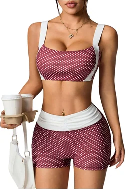 Polka Dots Workout Sets Sports Bra and Shorts Tracksuits in Burgundy