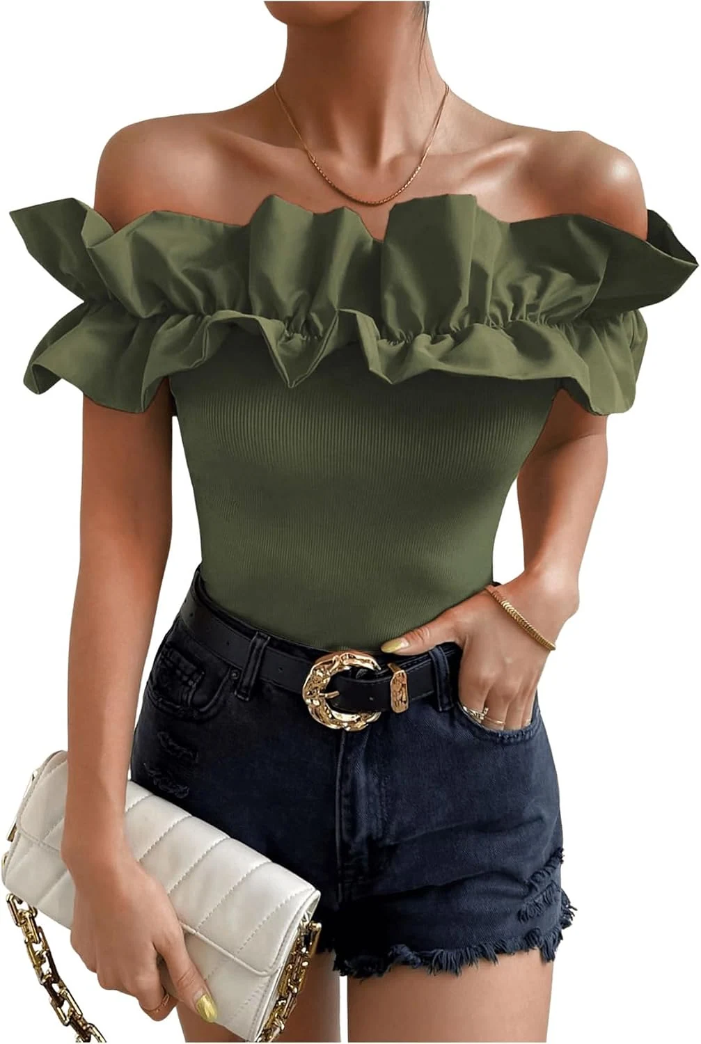 Ruffle Trim Off Shoulder Short Sleeve Blouse Tops Shirt by OYOANGLE, photograph 1 of 4