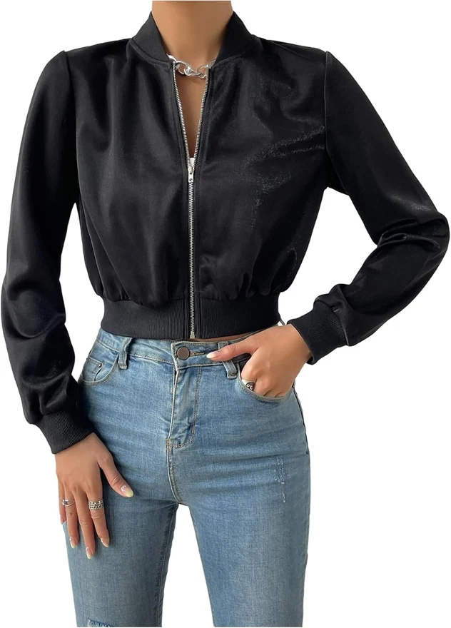 Cropped Bomber Jacket Long Sleeve Zip Up Baseball Collar Fall by OYOANGLE