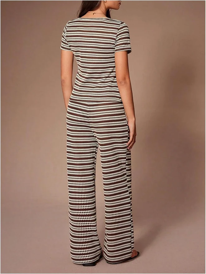 Pajama Sets Lounge Set Striped Knit Short Sleeve Top and Pants by OYOANGLE