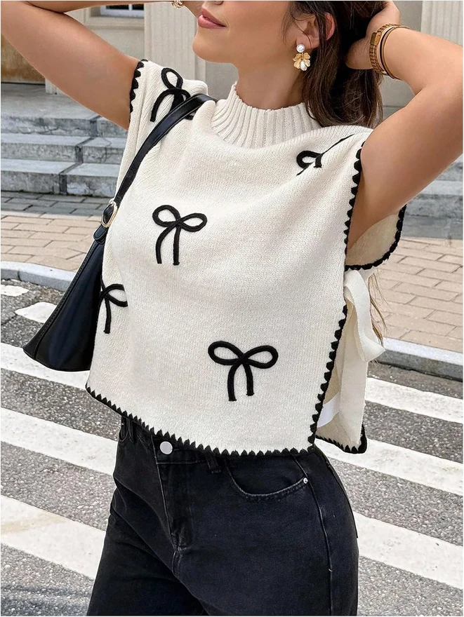 Bow Short Sleeve Sweater Side Tie Knit Pullover Top White by OYOANGLE, photograph 4 of 4