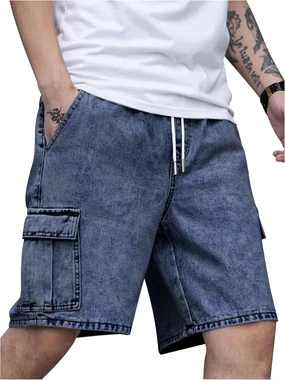 Drawstring Waist Cargo Jean Denim Shorts with Flap Pockets in Dark Wash